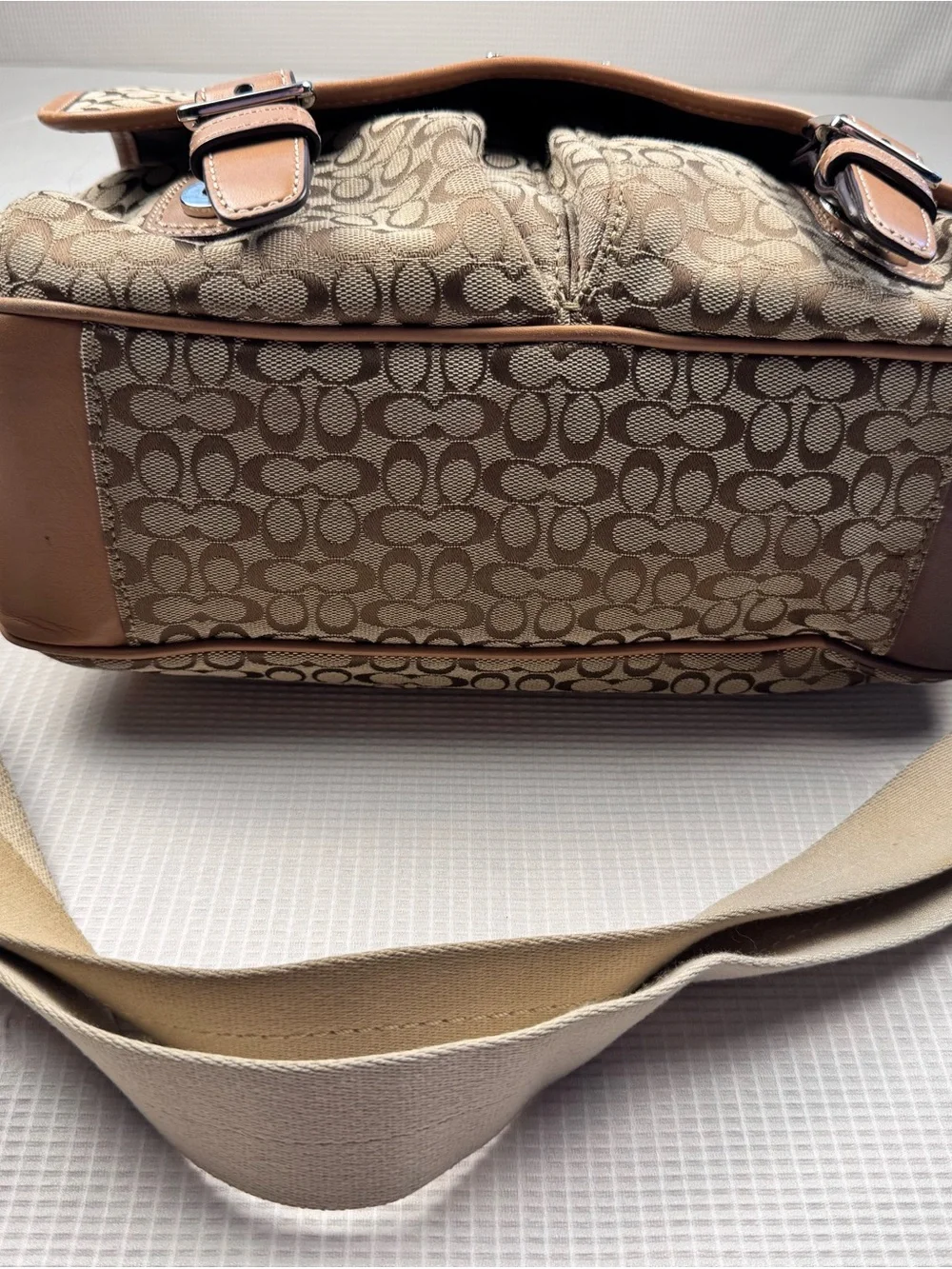 Coach Tan Signature Canvas Messenger Bag with Brown Leather Trim